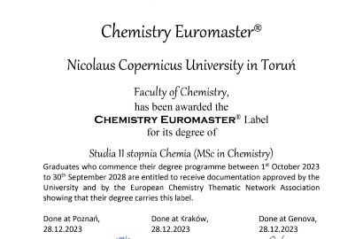 UMK w Toruniu: Kierunek chemia S1 oraz chemia S2 z europejską akredytacją ECTN